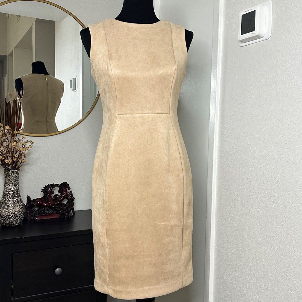 Calvin Klein Faux Suede Sleeveless Sheath Dress Tan Beige Size 4 Gold Zip
